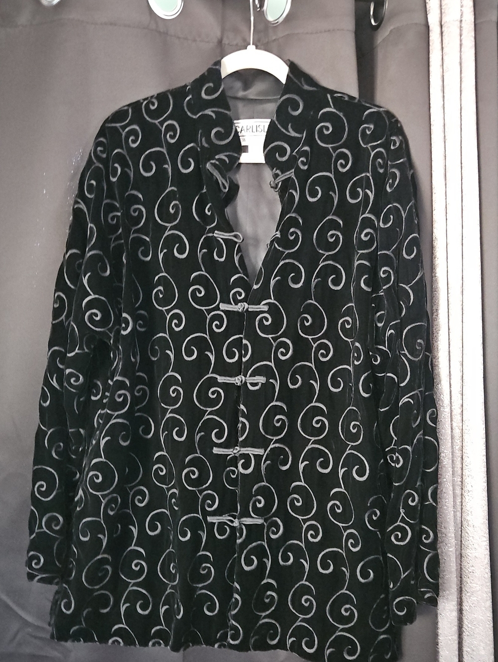 Carlisle Black Velvet Jacket with Black Swirl Embroidery And Frog Front Closure